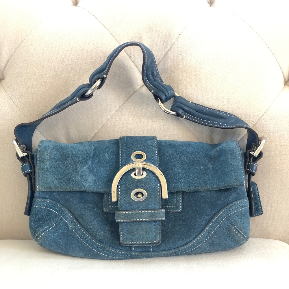 Coach Peacock Blue Suede Baguette Shoulder Bag